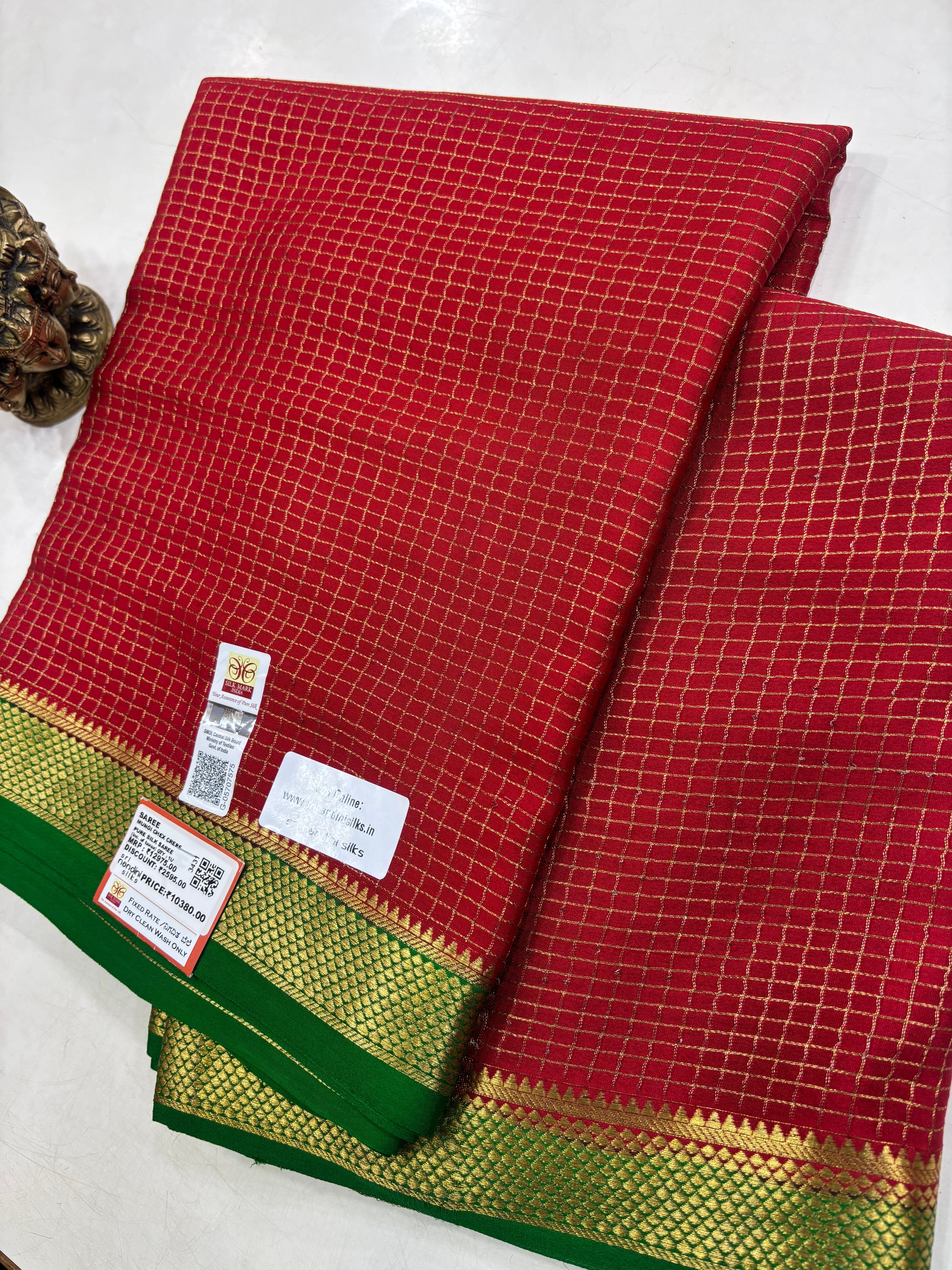 Red Pure Crepe Silk Small Chex Saree With Silk Mark (3431)