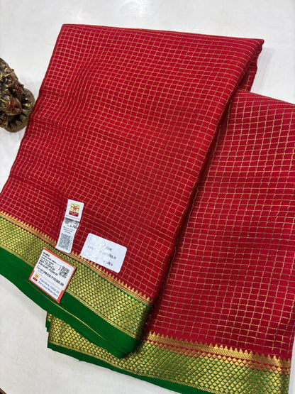 Red Pure Crepe Silk Small Chex Saree With Silk Mark (3431)