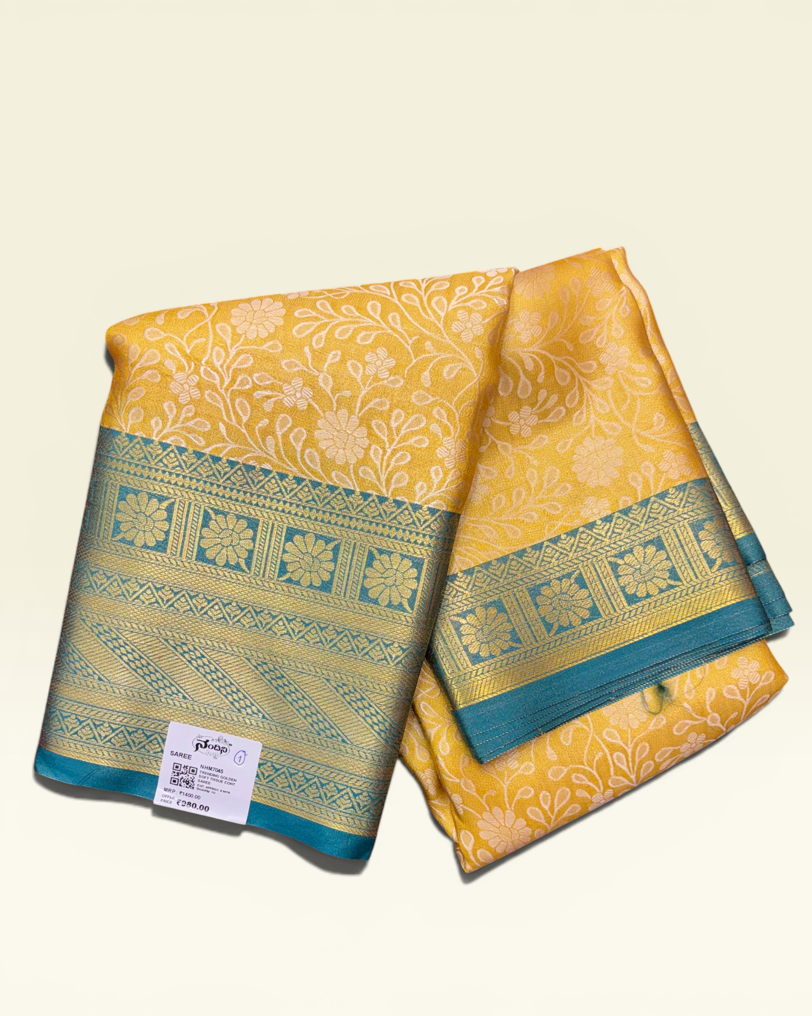 Trending Golden Soft Tissue with Contrast Teal Green Border Saree (NHM7045_1)
