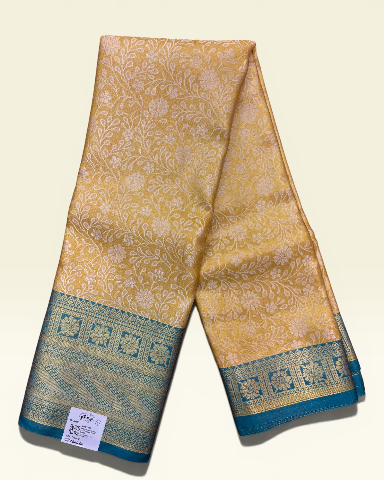 Trending Golden Soft Tissue with Contrast Teal Green Border Saree (NHM7045_1)