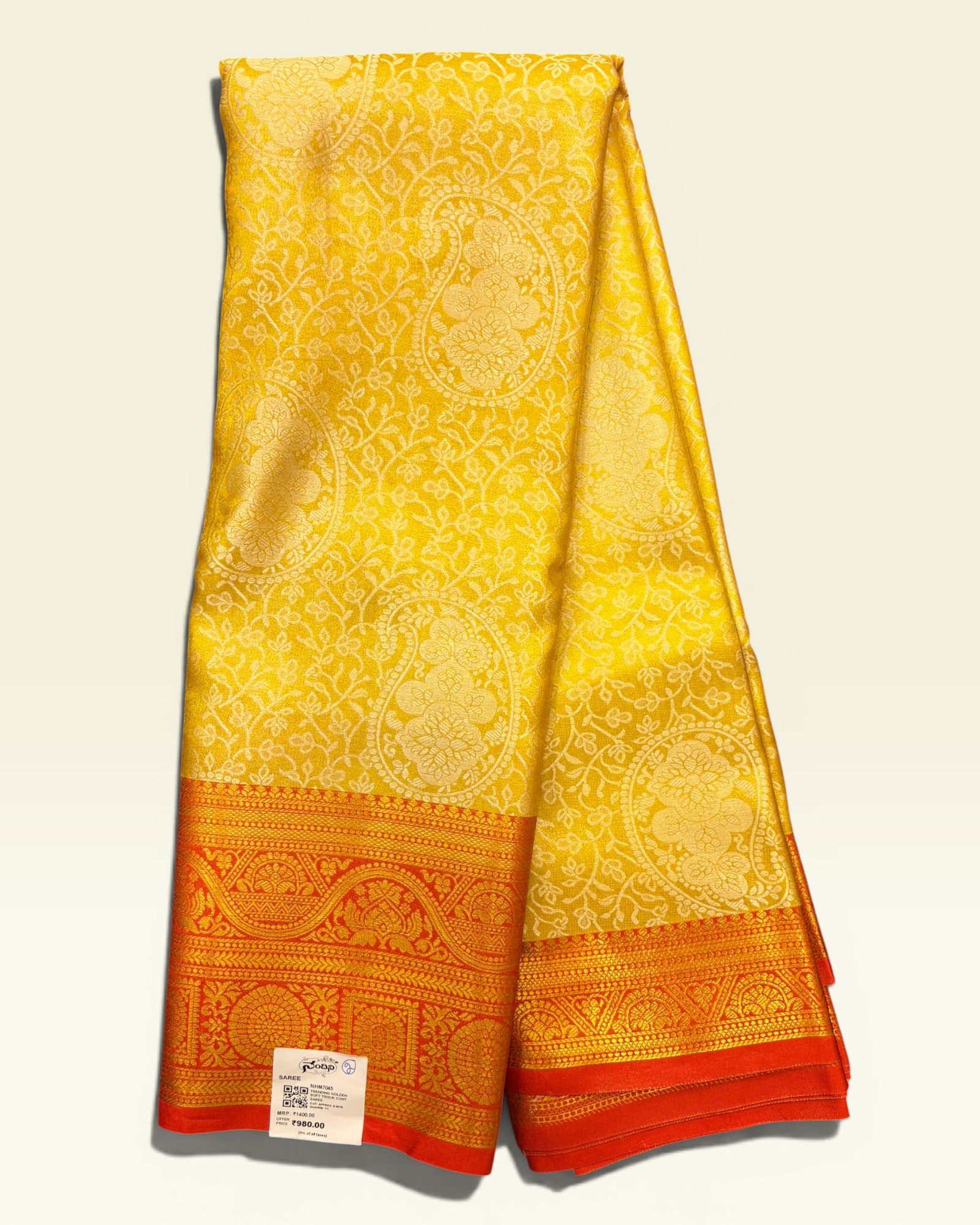 Trending Golden Soft Tissue with Contrast Red Border Saree (NHM7045_2)