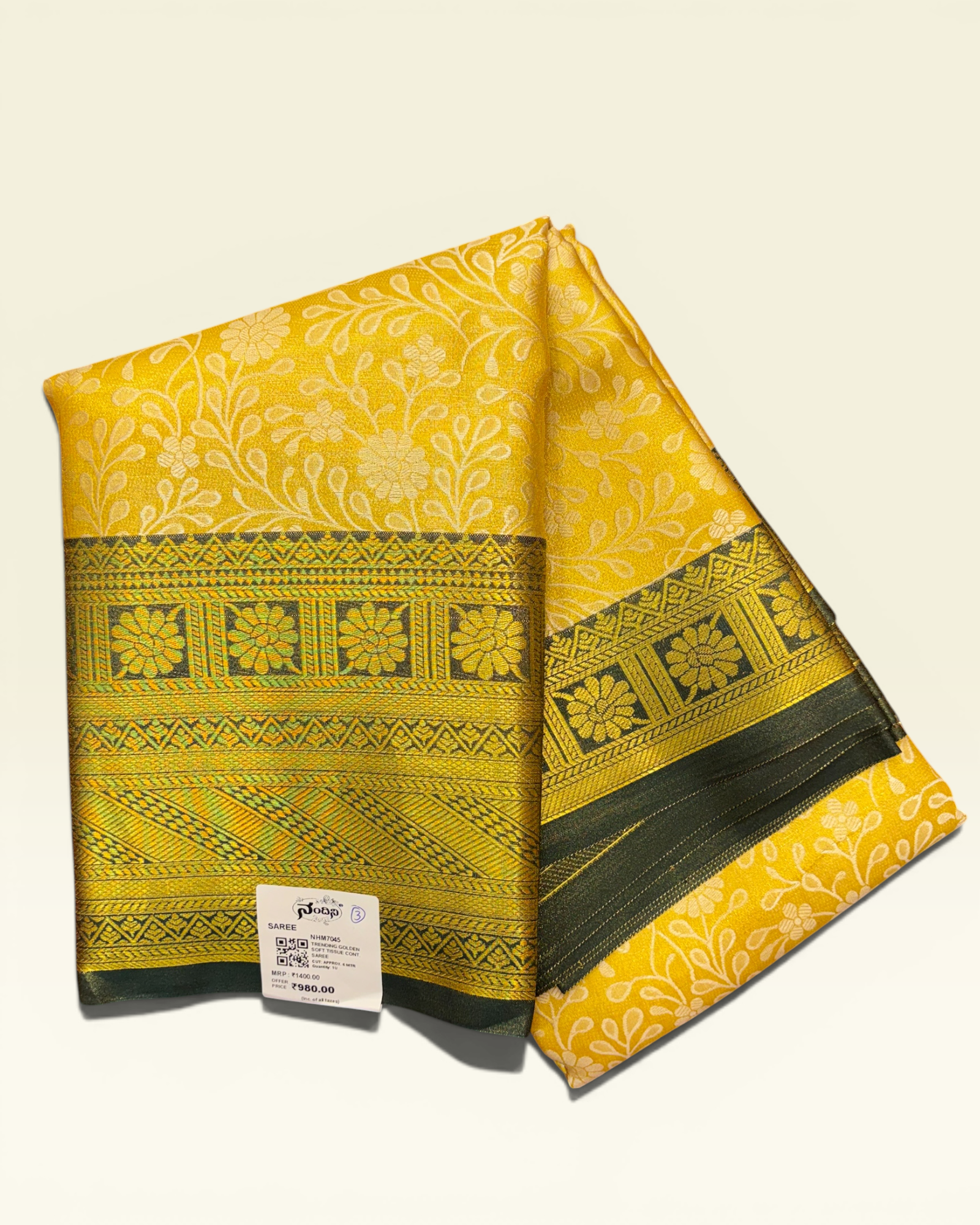 Trending Golden Soft Tissue with Contrast Green Border Saree (NHM7045_3)