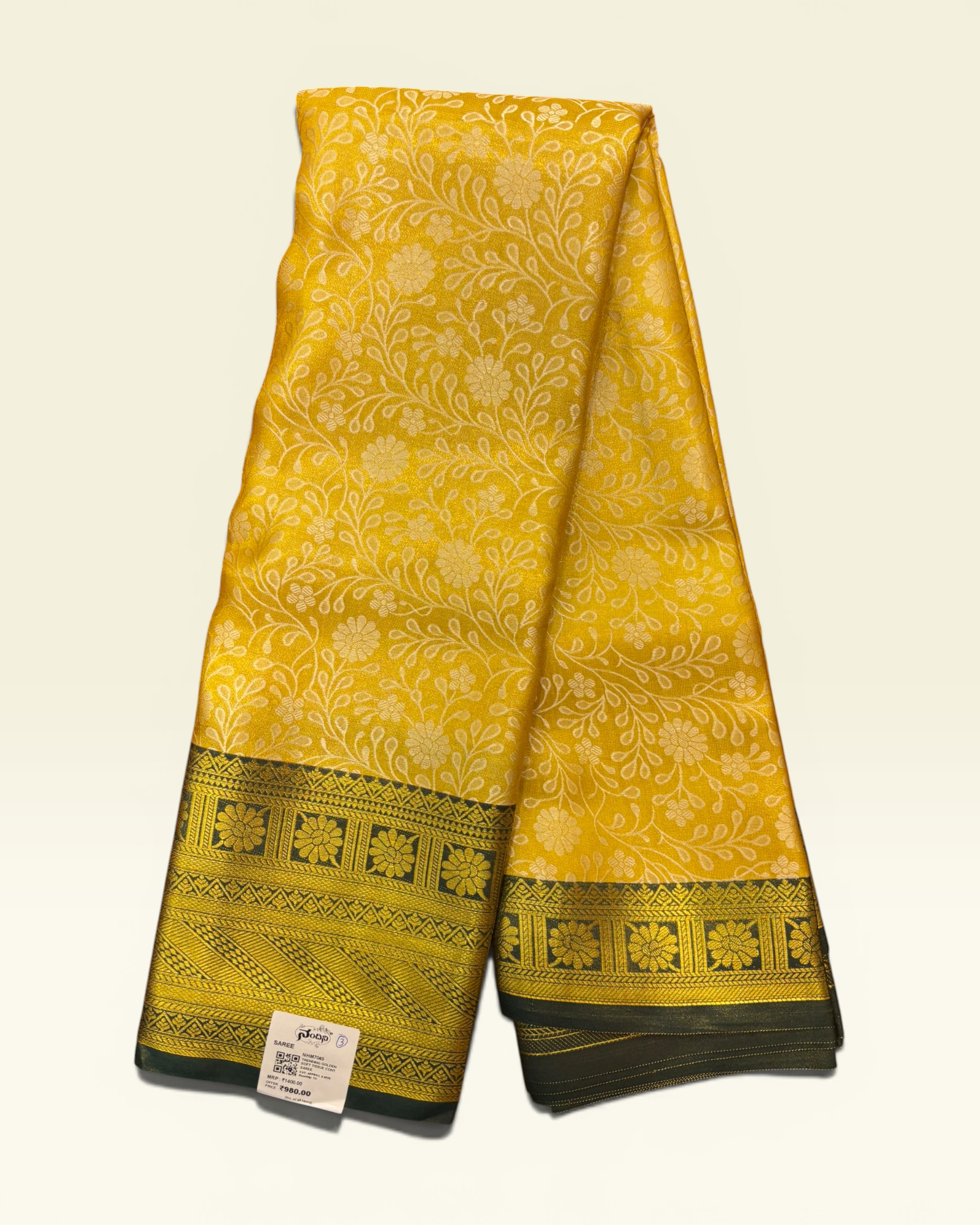 Trending Golden Soft Tissue with Contrast Green Border Saree (NHM7045_3)