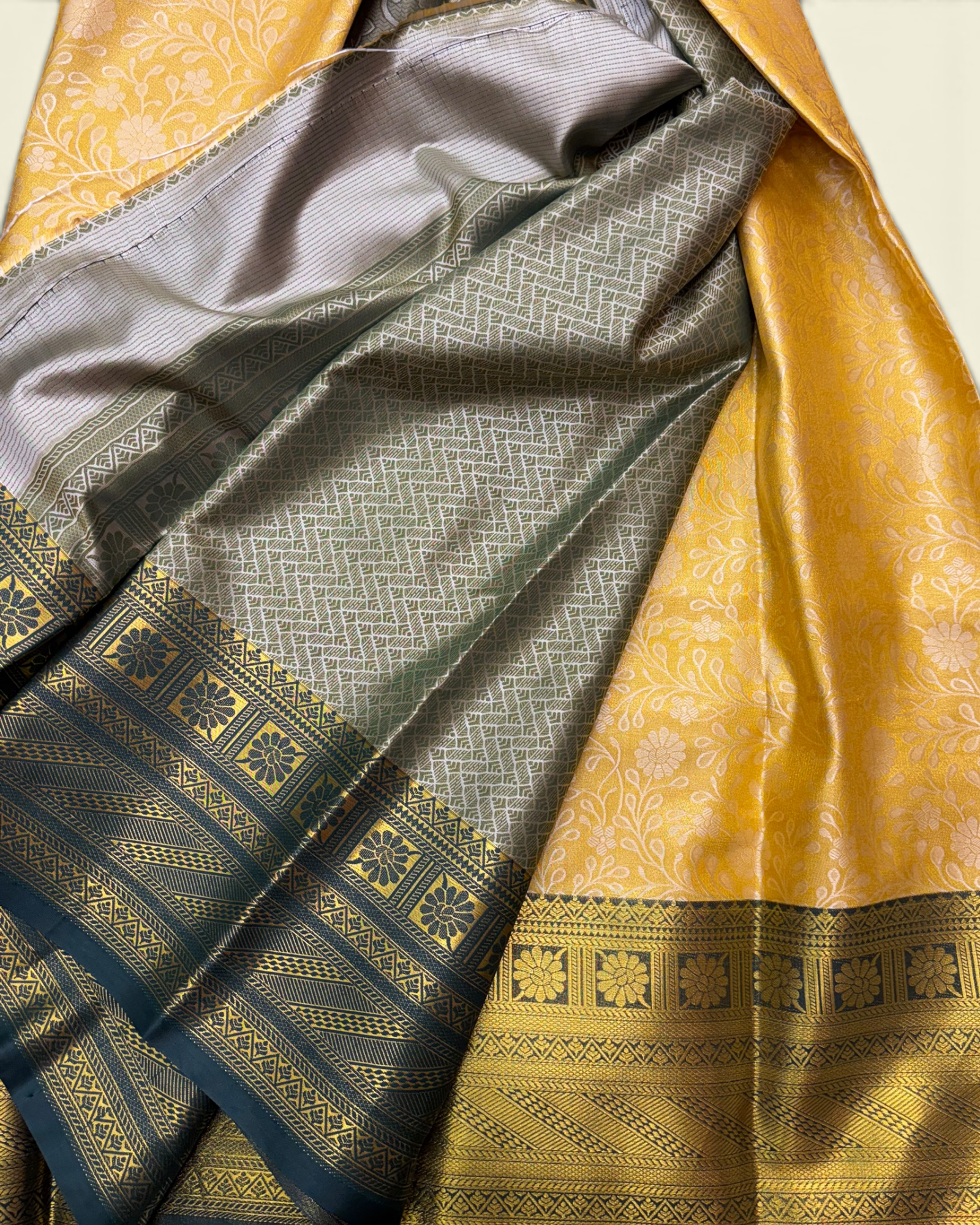 Trending Golden Soft Tissue with Contrast Green Border Saree (NHM7045_3)