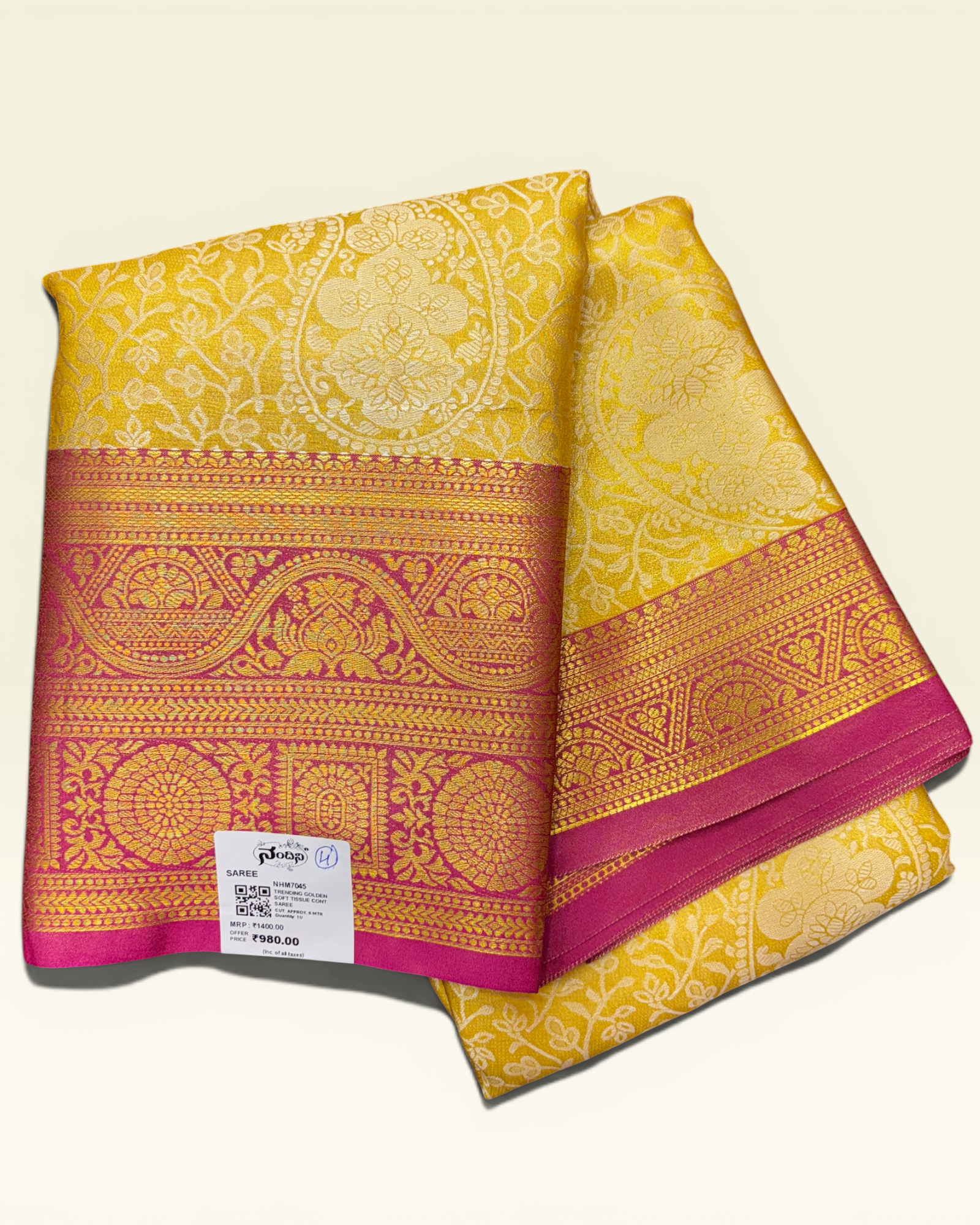 Trending Golden Soft Tissue with Contrast Magenta Border Saree (NHM7045_4)