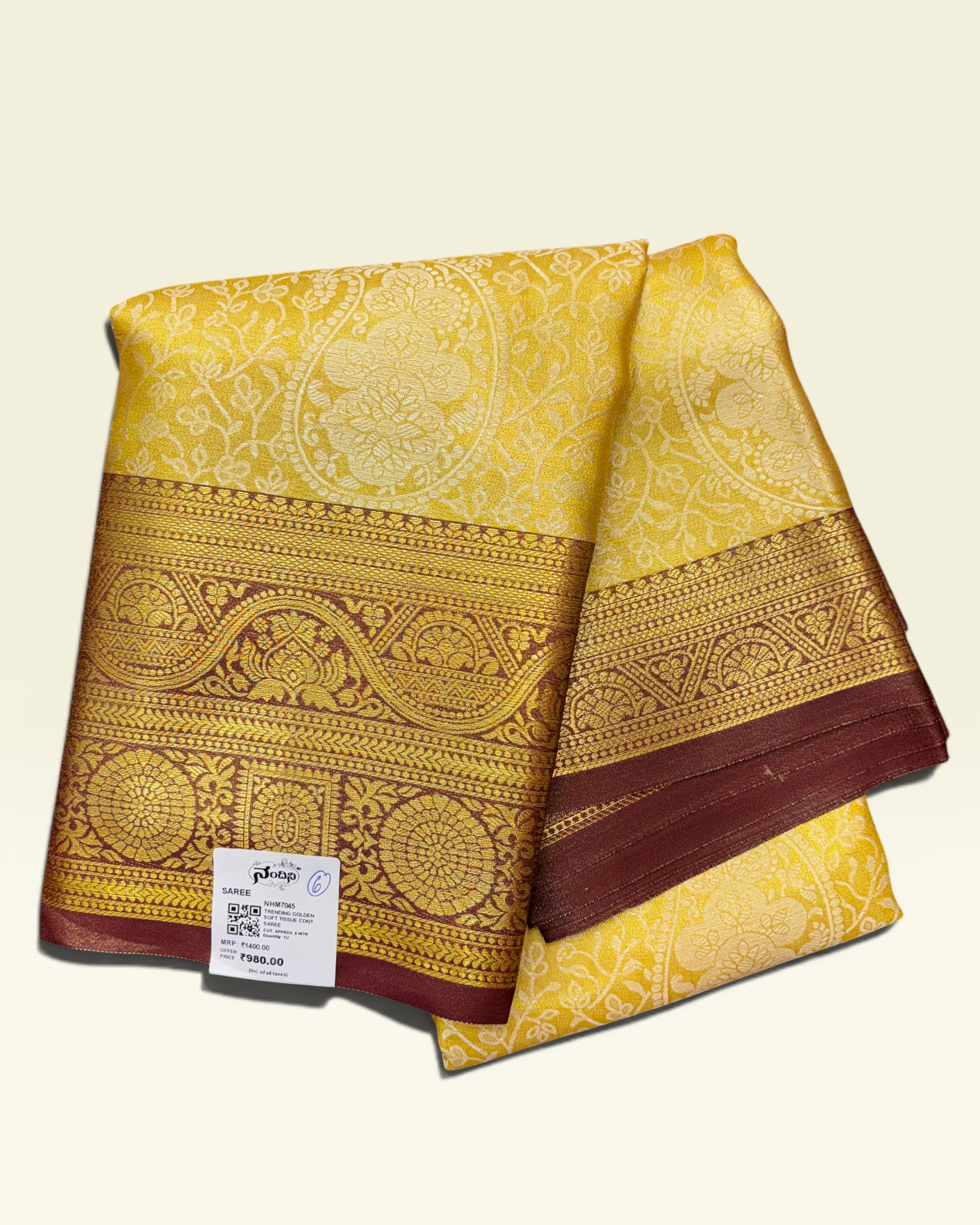 Trending Golden Soft Tissue with Contrast Maroon Border Saree (NHM7045_6)