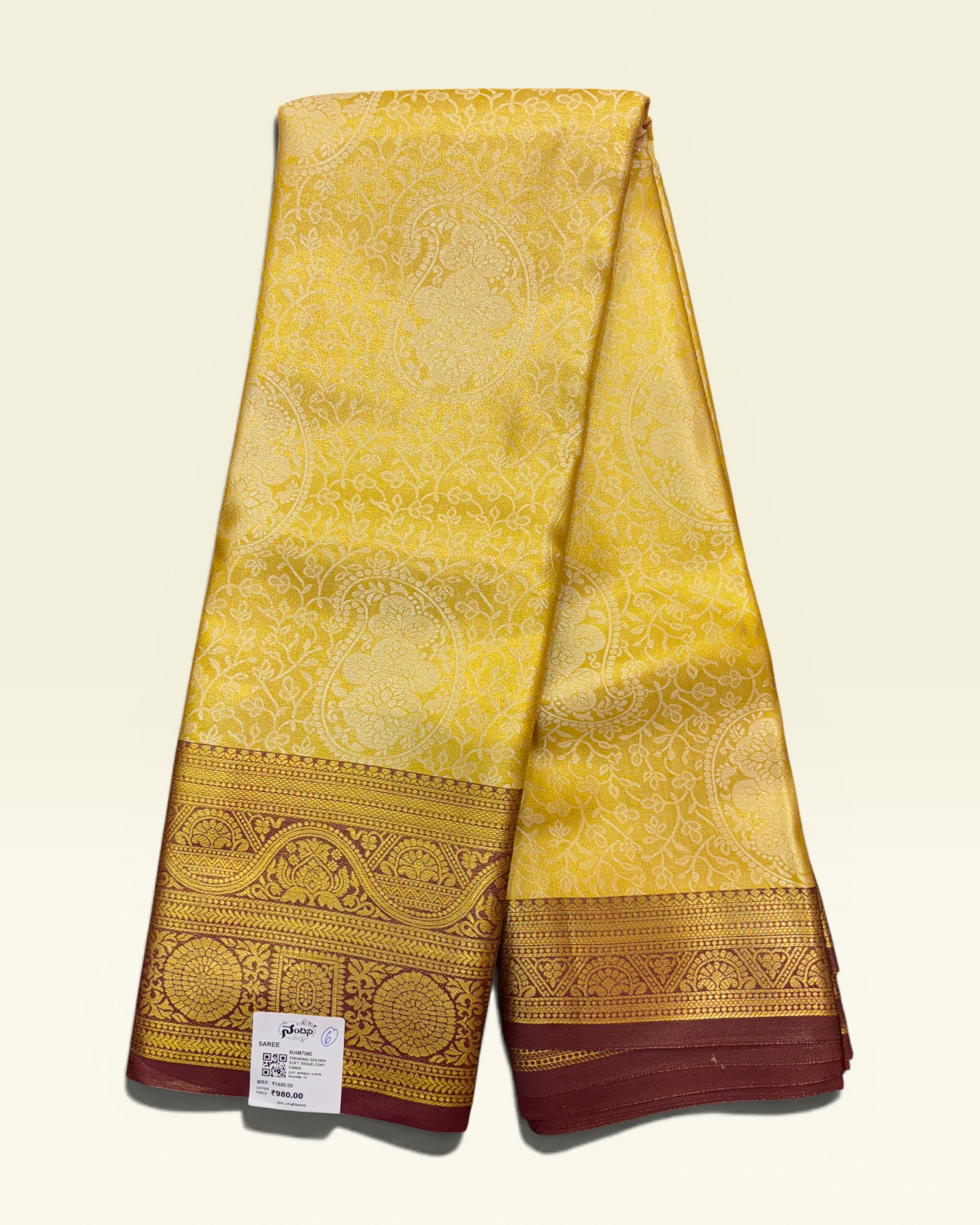 Trending Golden Soft Tissue with Contrast Maroon Border Saree (NHM7045_6)
