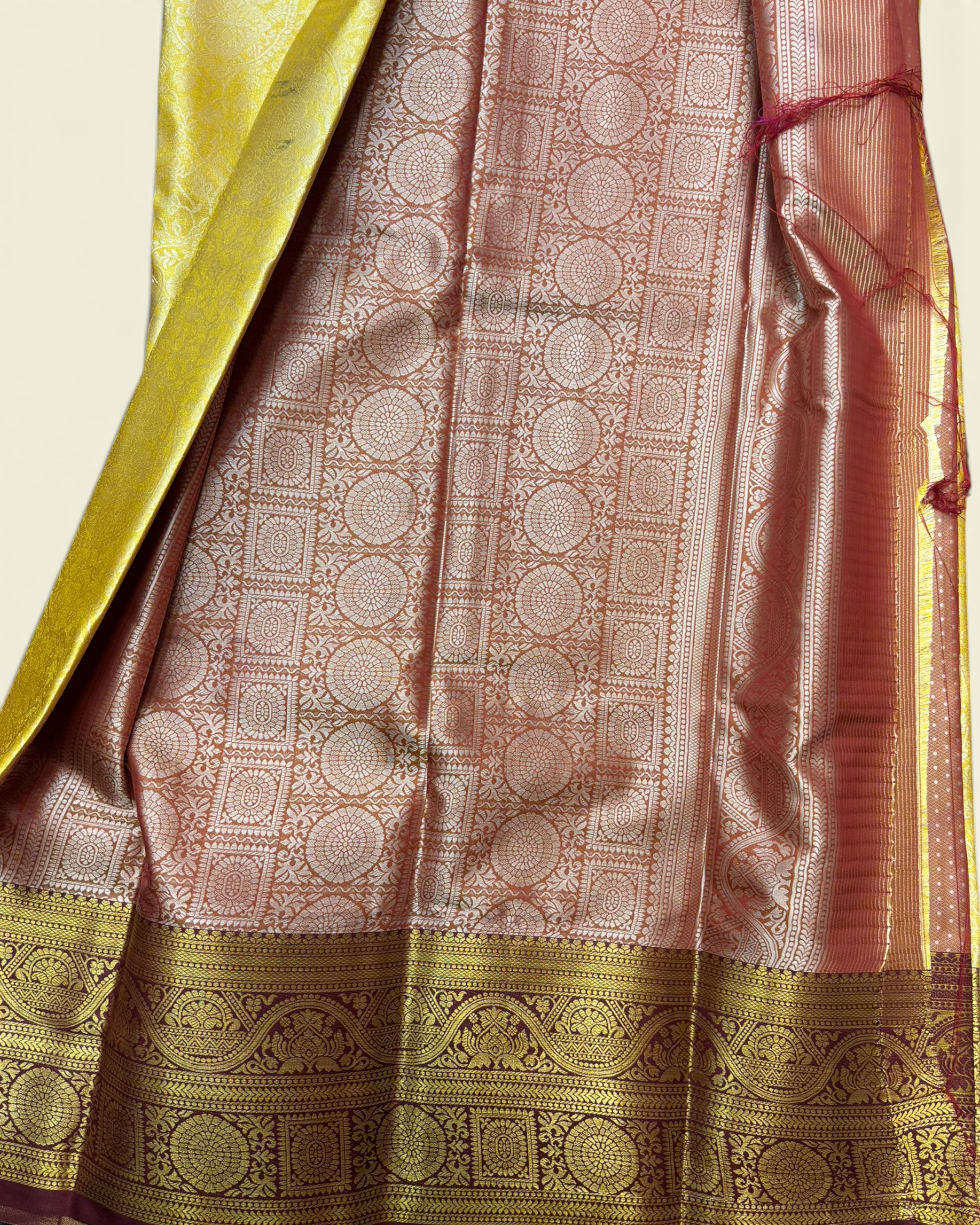 Trending Golden Soft Tissue with Contrast Maroon Border Saree (NHM7045_6)