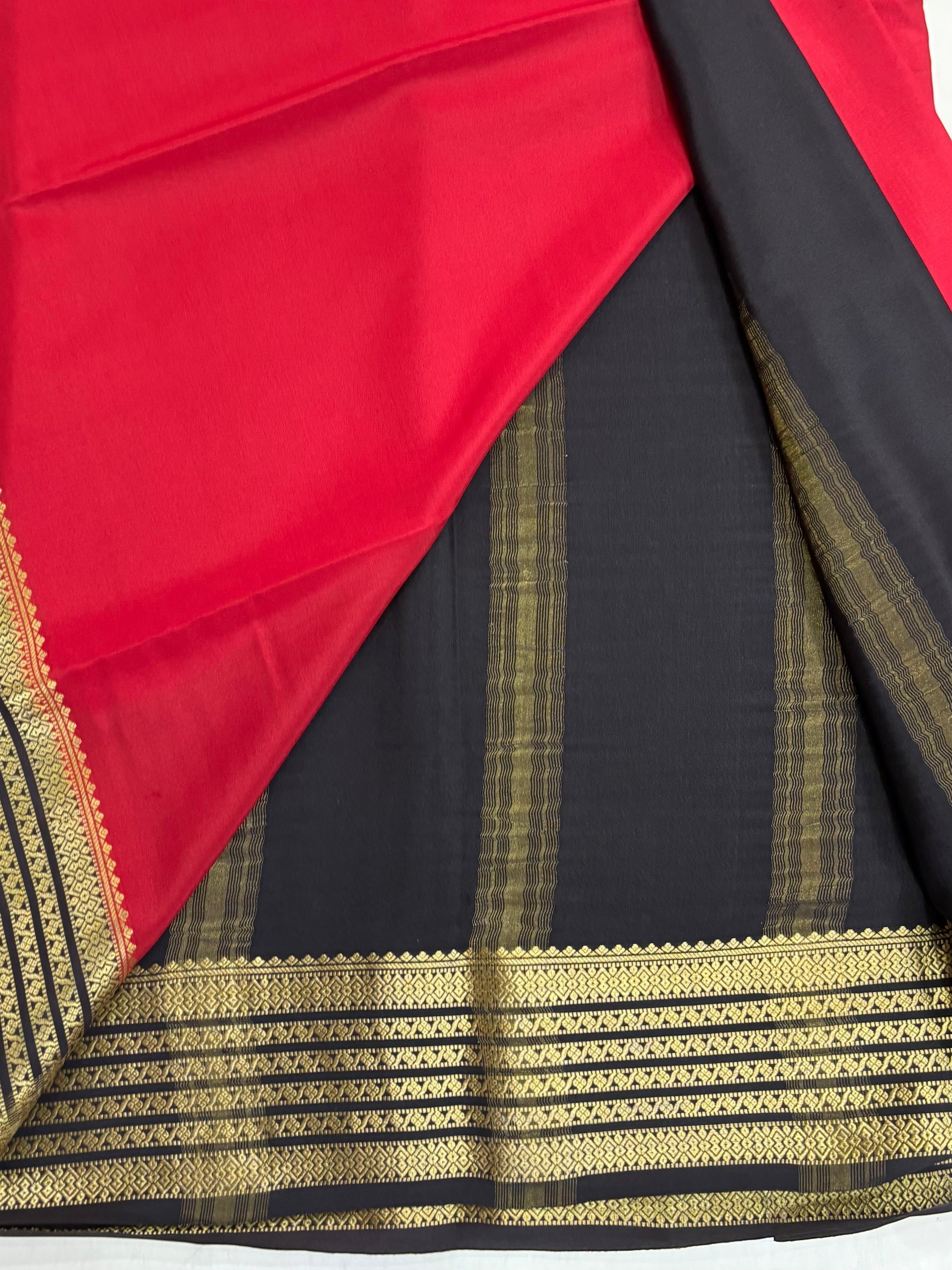 SRI NANDINI SILK red and black pure silk saree with gold border and striped pallu. Traditional design.